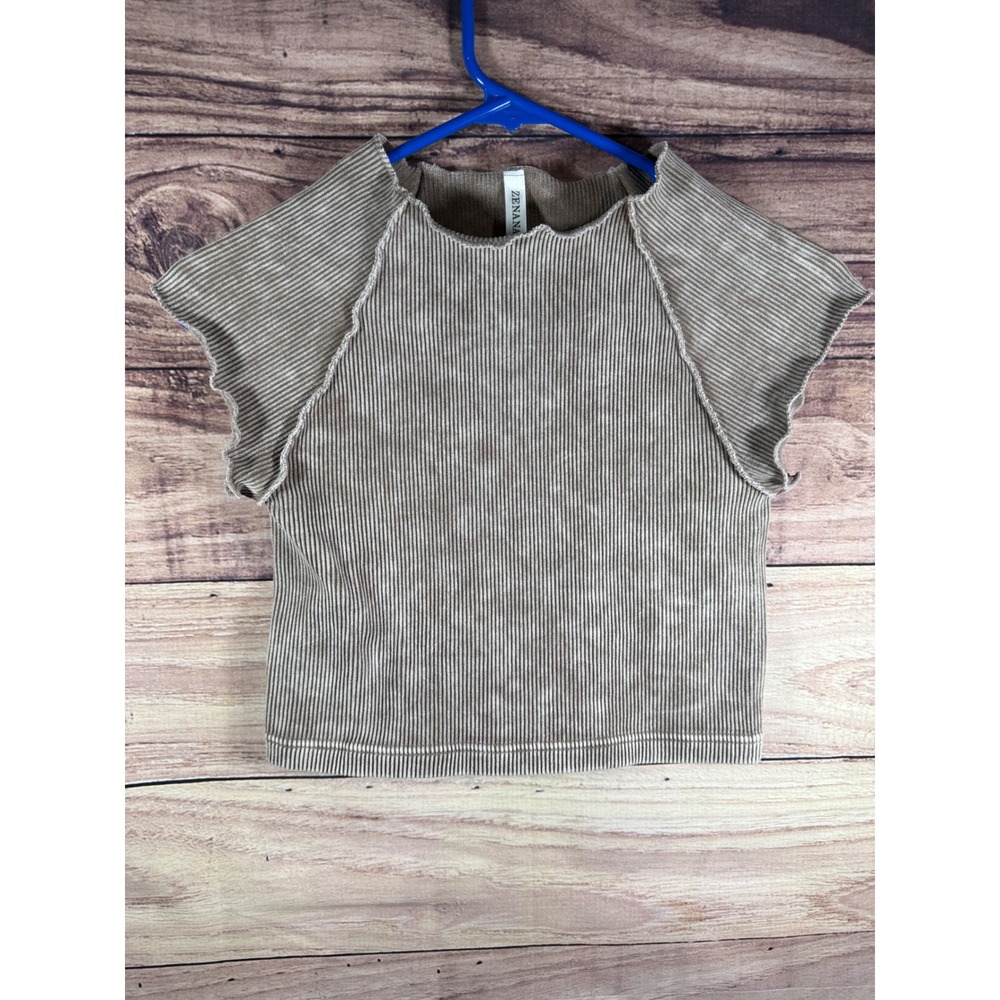 Zenana Ribbed Mineral Wash Crop Top Brown Raw Edge Seam Short Sleeve Tee S/M